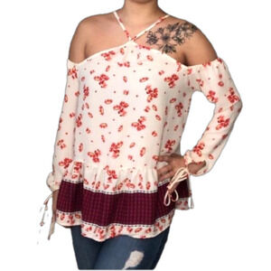 Sienna Sky NWT White and Pink Floral Print Cold Shoulder Peplum Top Size XS
